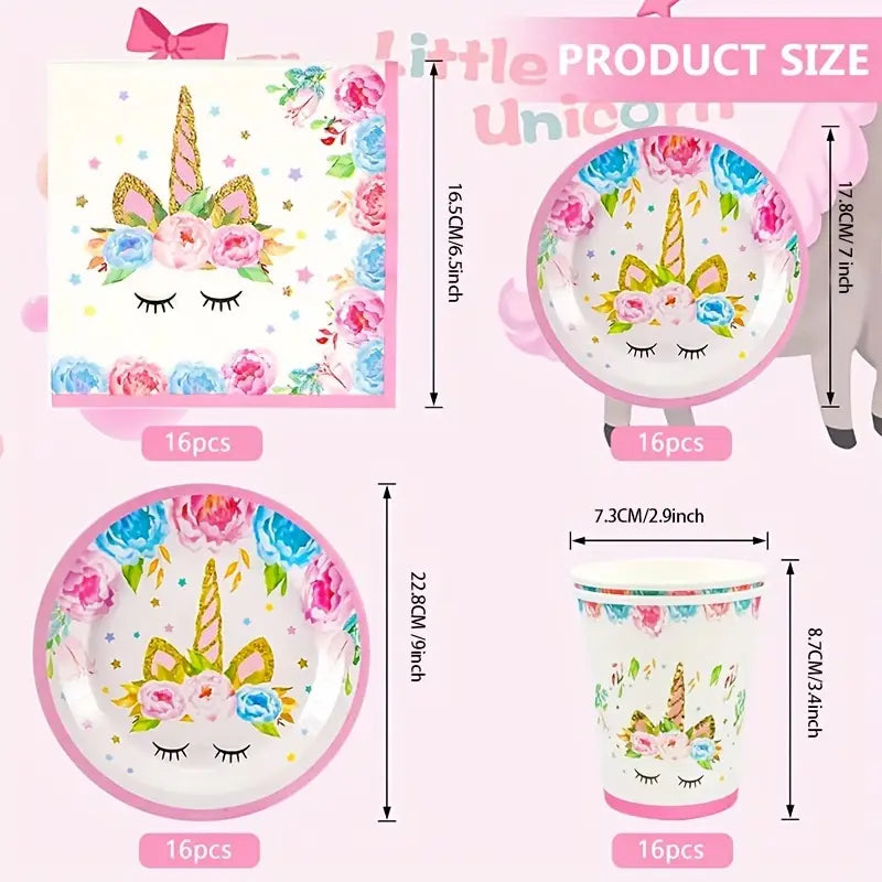 64 PCS Unicorn Party Supplies - Plates, Cups, Napkins for 16 Guests, Perfect for Birthday Celebrations and Baby Showers