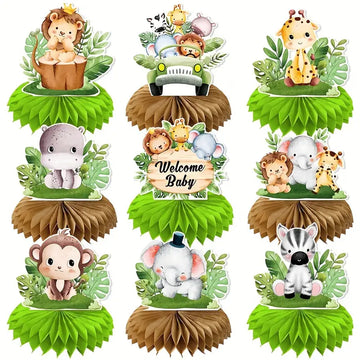 Jungle Animal Party Table Centerpieces - 9 PCS Safari Baby Shower Decorations with Honeycomb Base