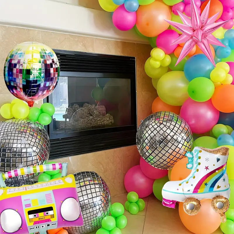 roller disco themed party balloon garland backdrop with boombox and disco balls