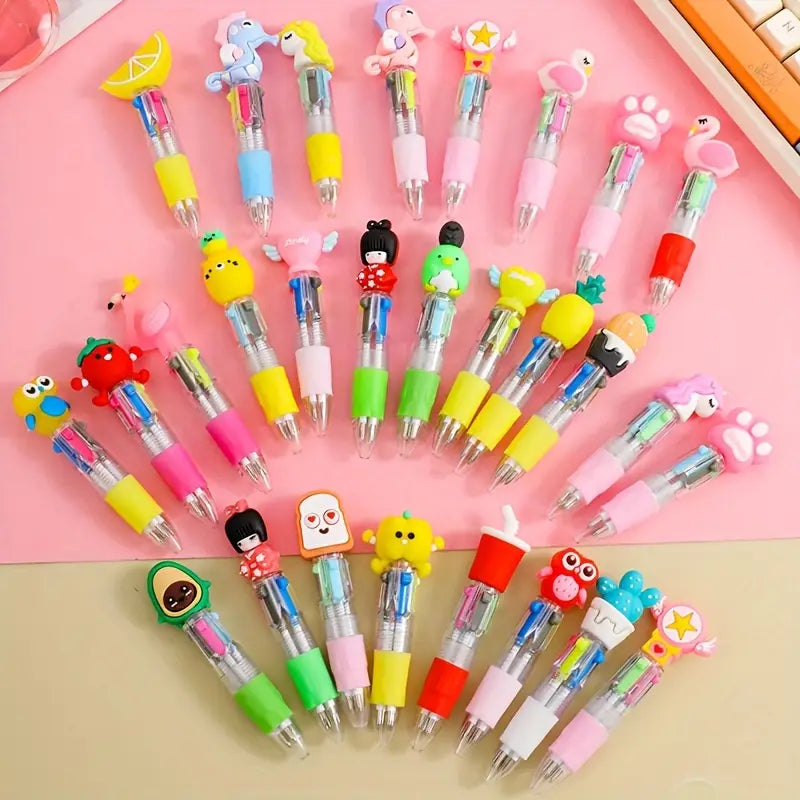 4-in-1 Retractable Cute Pens – Set of 16 Colorful Cartoon Design Gel Pens for Party Favors, Gifts, and Kids (Red, Green, Blue, Grey Ink)