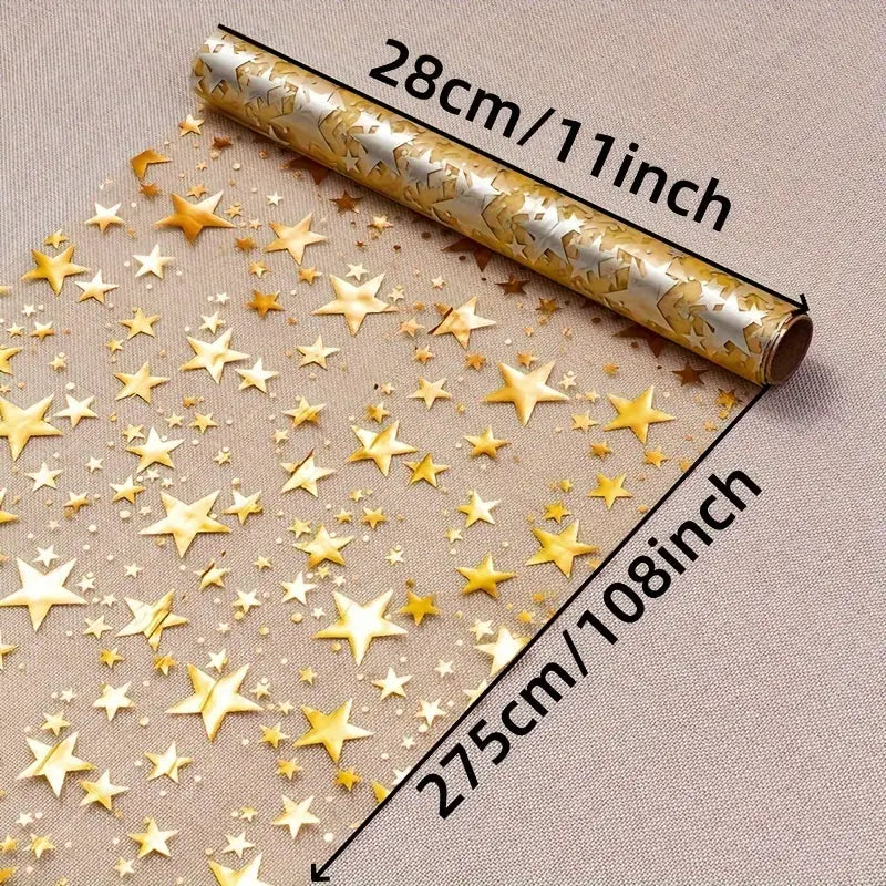 1PC Gold Star Table Runner for Party Decoration – 108 Inches Long, Perfect for Weddings, Birthdays, and Holiday Celebrations – Glittering Gold Stars on Clear Fabric