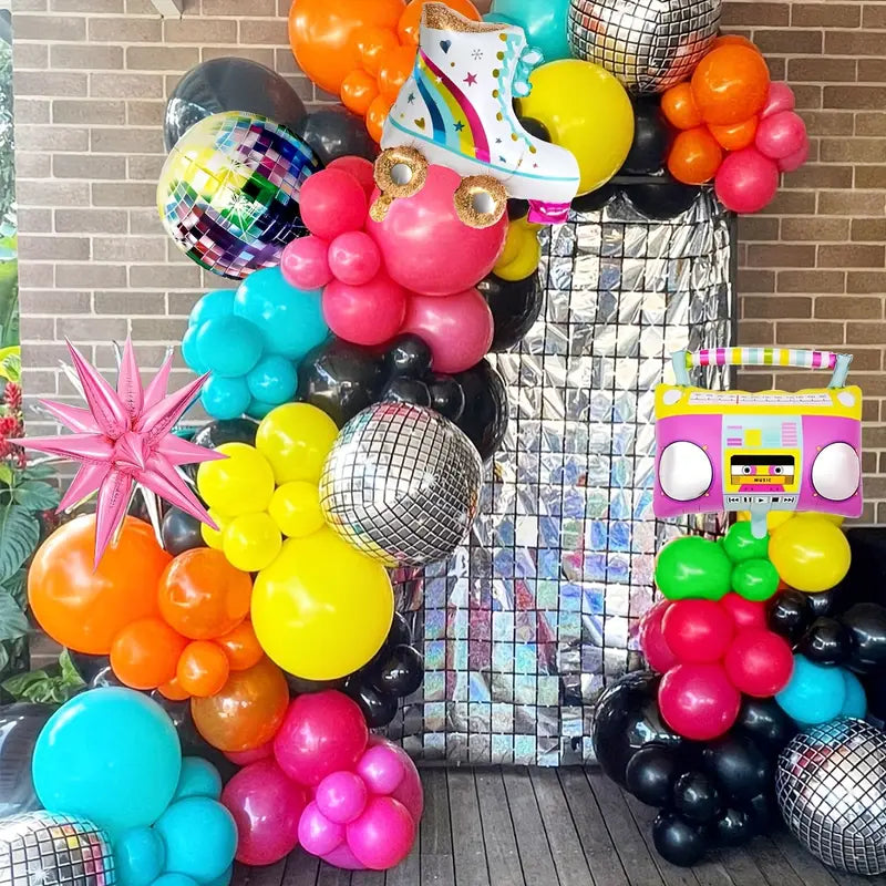 retro roller disco balloon arch kit for 80s birthday party backdrop