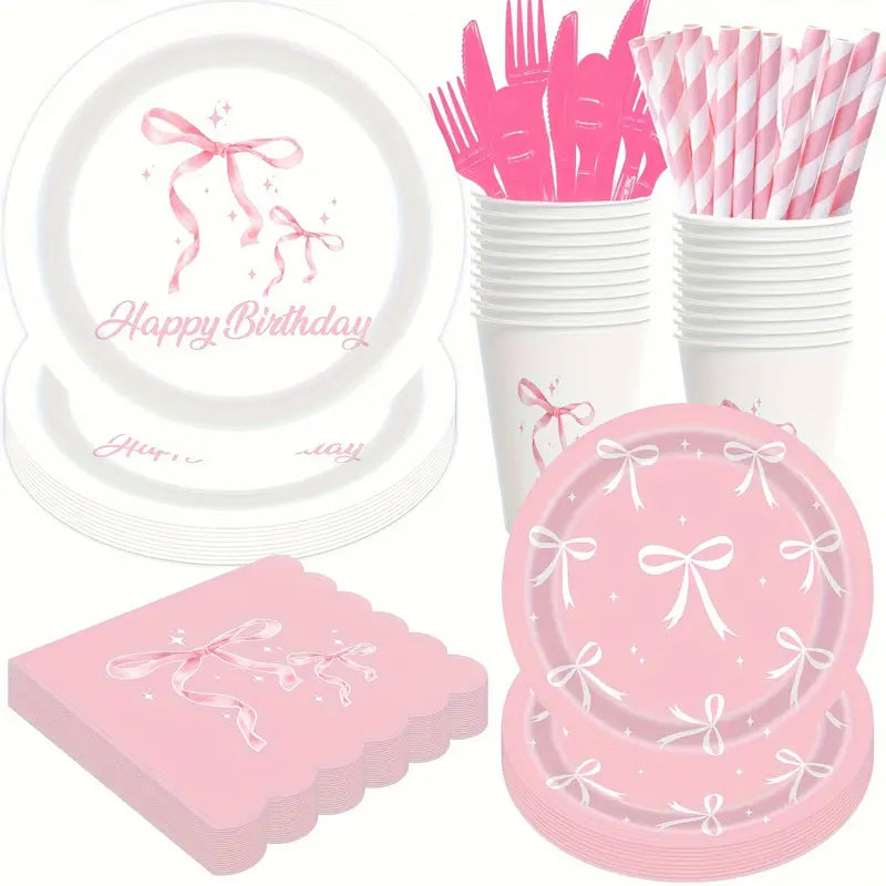 Pink Bow Party Supplies Set (80 PCS) - Plates, Cups, Napkins for 20 Guests, Perfect for Birthdays, Bridal Showers, and Engagements