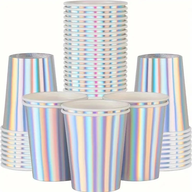 40PCS Holographic Paper Cups – Disposable Party Cups for Birthday, Wedding, Baby Shower & Events