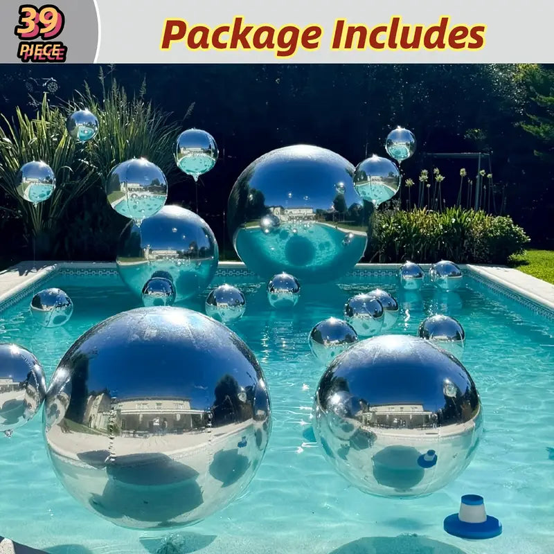 reflective silver balloons floating in swimming pool for outdoor wedding or party