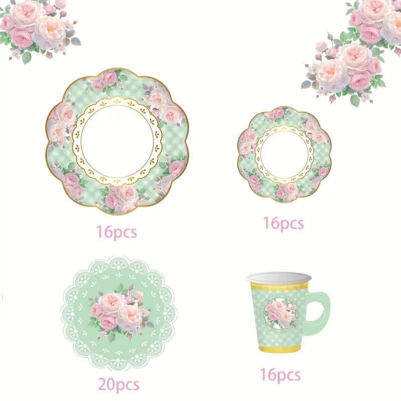 Vintage Floral Disposable Party Tableware Set - Elegant Rose Design Plates, Cups & Napkins for Tea Parties, Weddings, Birthdays, and Baby Showers - Serves 16 Guests