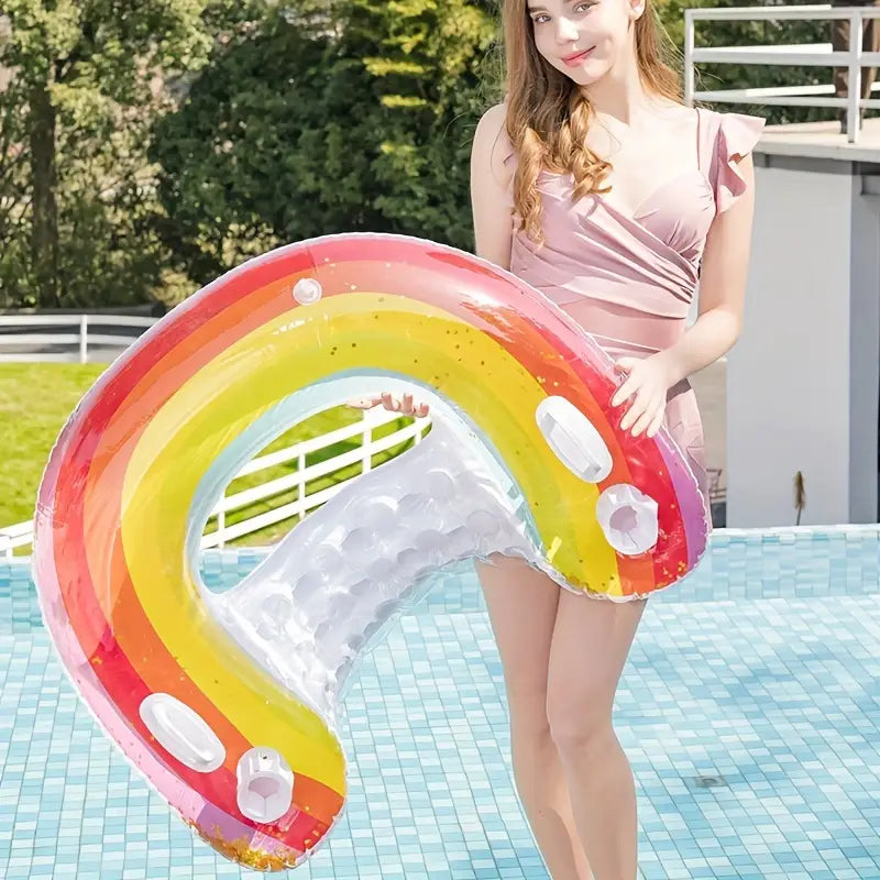 Inflatable Rainbow Pool Float with Cup Holders and Handles - Glitter Pool Lounger for Adults, Perfect Summer Water Fun