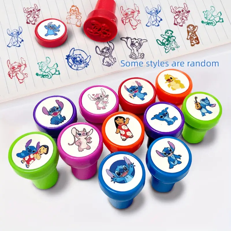 Assorted cartoon-themed kids' stamps with character designs and inked impressions on paper.