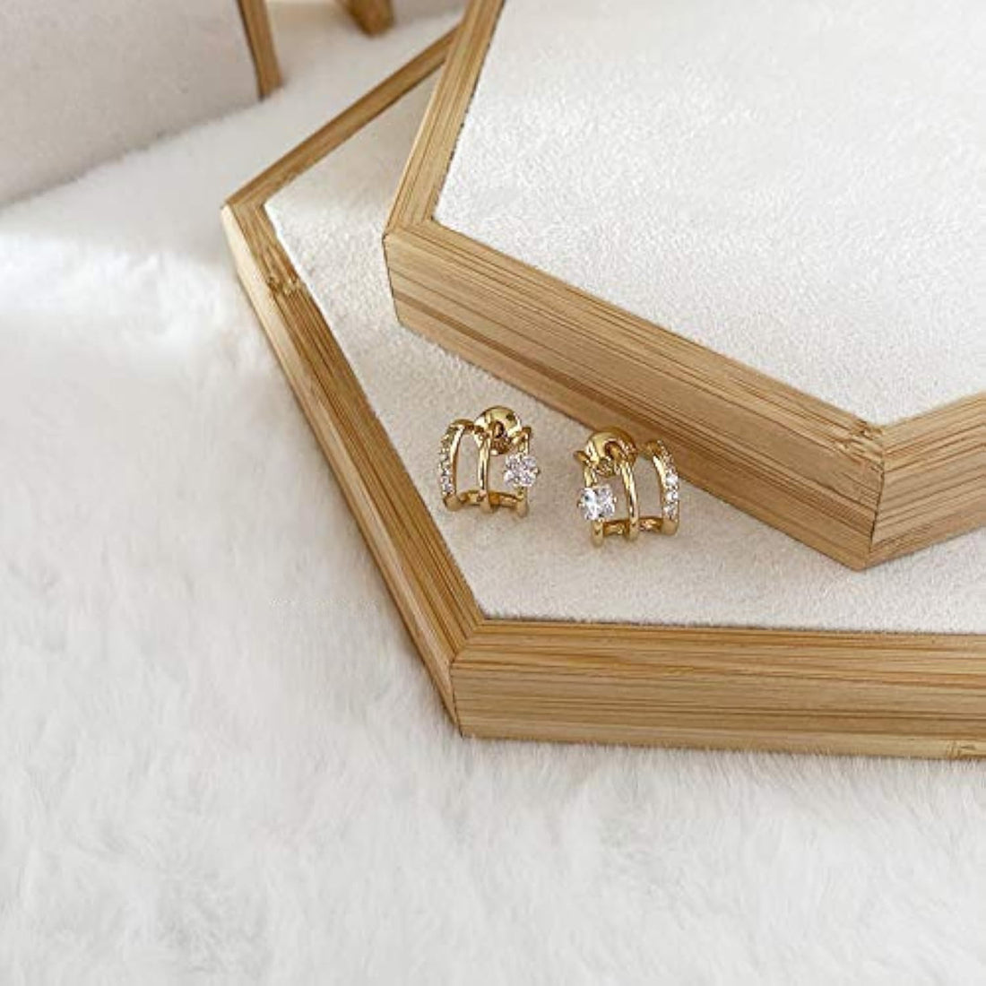 Triple Hoop Gold Plated 925 Sterling Silver Earrings for Women with CZ Diamond Accents, Dainty Multi-Layer Ear Cuffs, Elegant Non-Piercing Look, Minimalist Statement Jewelry Gift