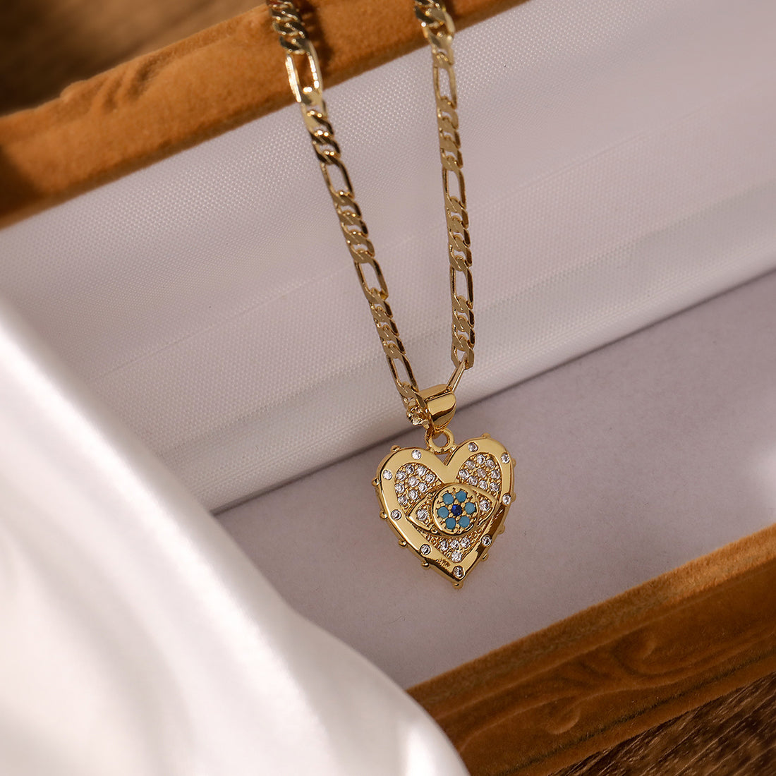 Evil Eye Heart Jewelry Set – Gold Necklace & Earrings | Protective Amulet, CZ Stones, Blue Accent