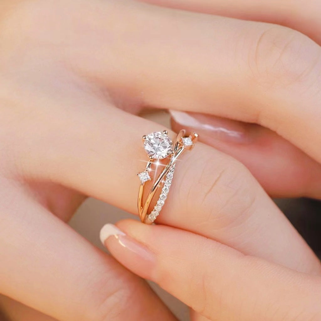 Adjustable Double Band Sparkling Zircon Ring – Elegant Open Ring for Women, Gold/Silver/Rose Gold, Statement Engagement Ring