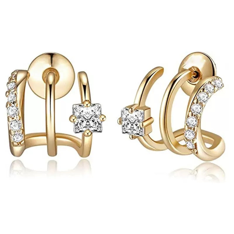 Triple Hoop Gold Plated 925 Sterling Silver Earrings for Women with CZ Diamond Accents, Dainty Multi-Layer Ear Cuffs, Elegant Non-Piercing Look, Minimalist Statement Jewelry Gift