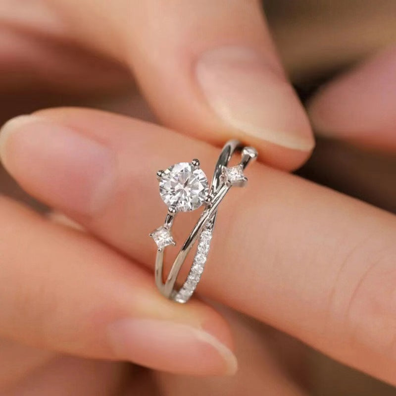 Adjustable Double Band Sparkling Zircon Ring – Elegant Open Ring for Women, Gold/Silver/Rose Gold, Statement Engagement Ring