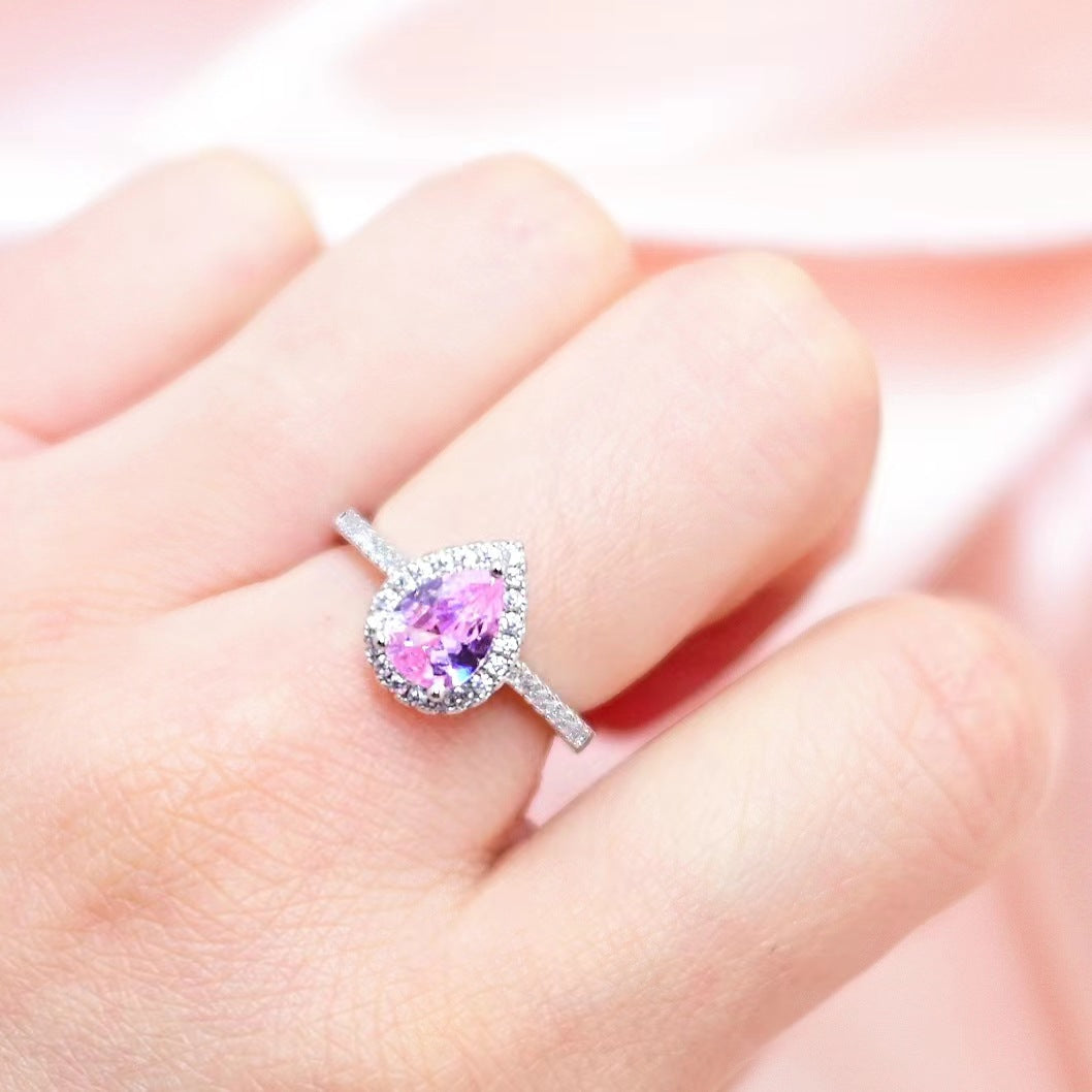 Pink Teardrop CZ Adjustable Ring – Dainty Rose Halo Band for Women | Open Copper Ring