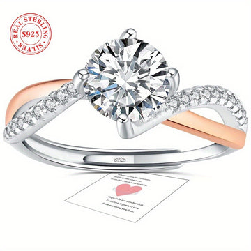 Adjustable 925 Sterling Silver Engagement Ring – Rose Gold Plated, Sparkling CZ Stone, Romantic Gift for Her