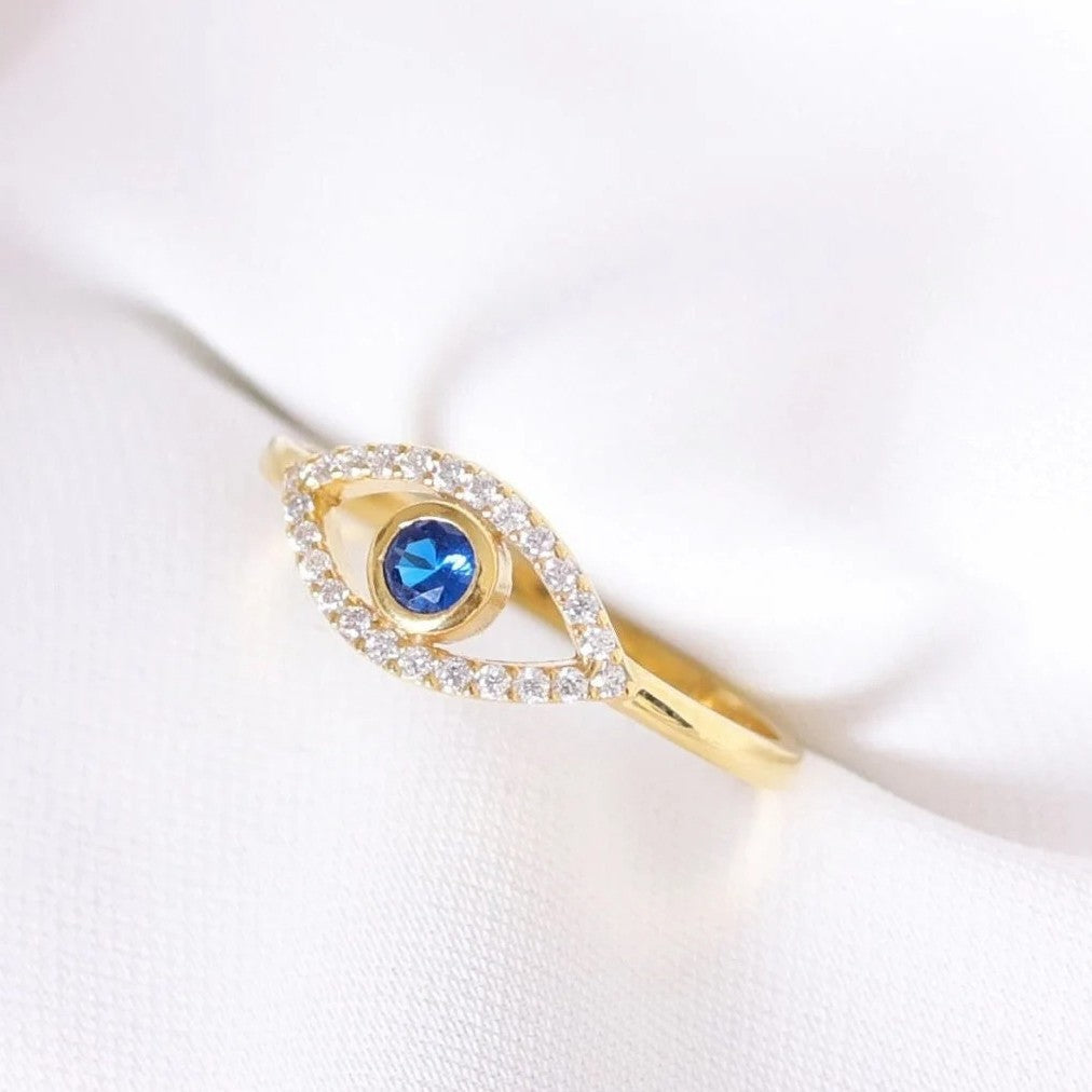 925 Sterling Silver Evil Eye Ring with Blue Cubic Zirconia, Dainty Open Eye Protection Ring, Adjustable Gold Plated Fine Jewelry for Women, Delicate Spiritual Ring for Daily Wear and Gift