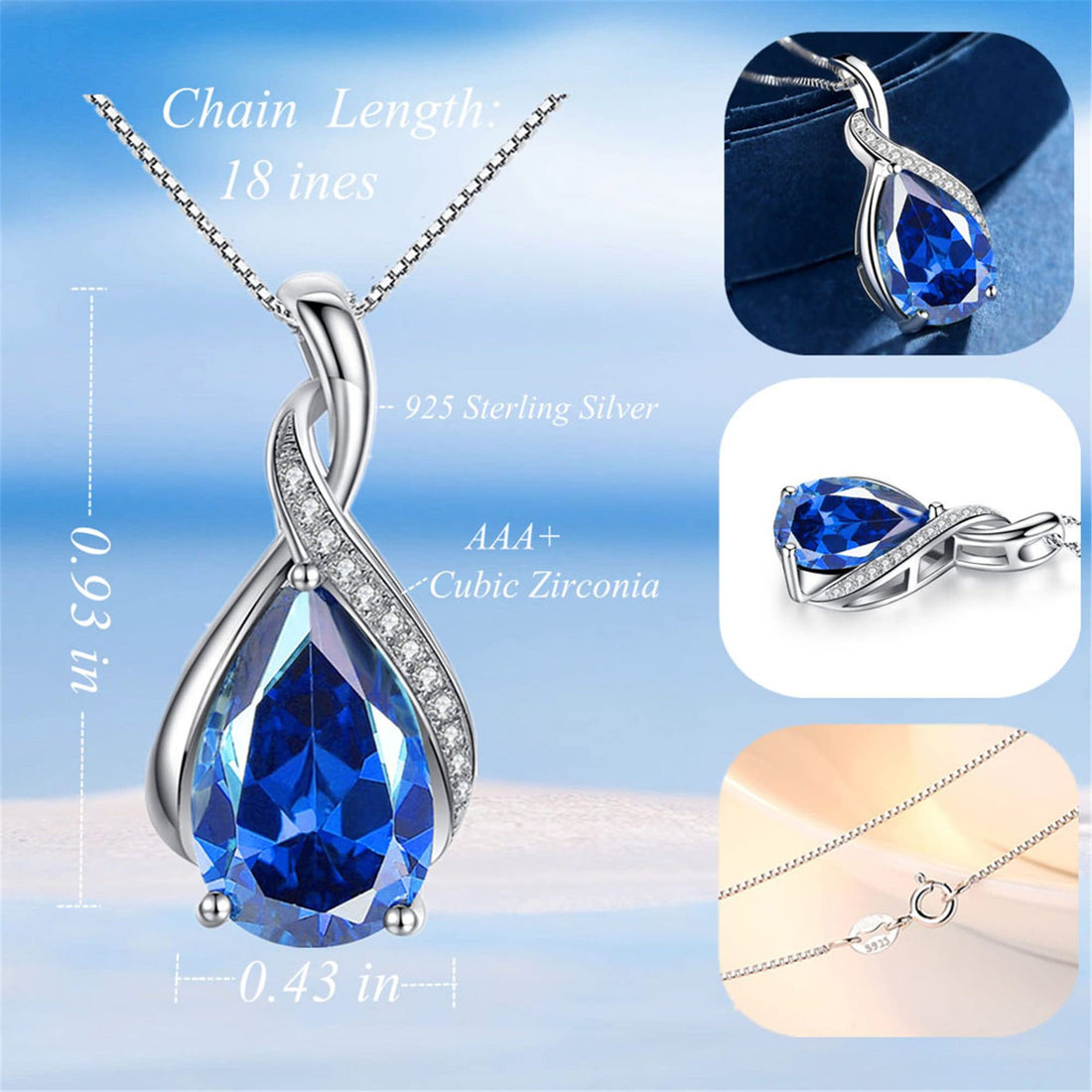 S925 Sterling Silver Teardrop Gemstone Pendant Necklace – Elegant Crystal Drop Jewelry