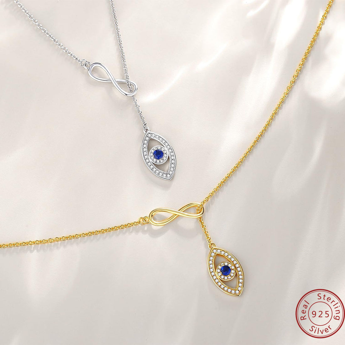 S925 Sterling Silver Mobius Evil Eye Necklace – Infinity Pendant with Blue Spinel, Gold/Silver Plated, Protective Jewelry for Women