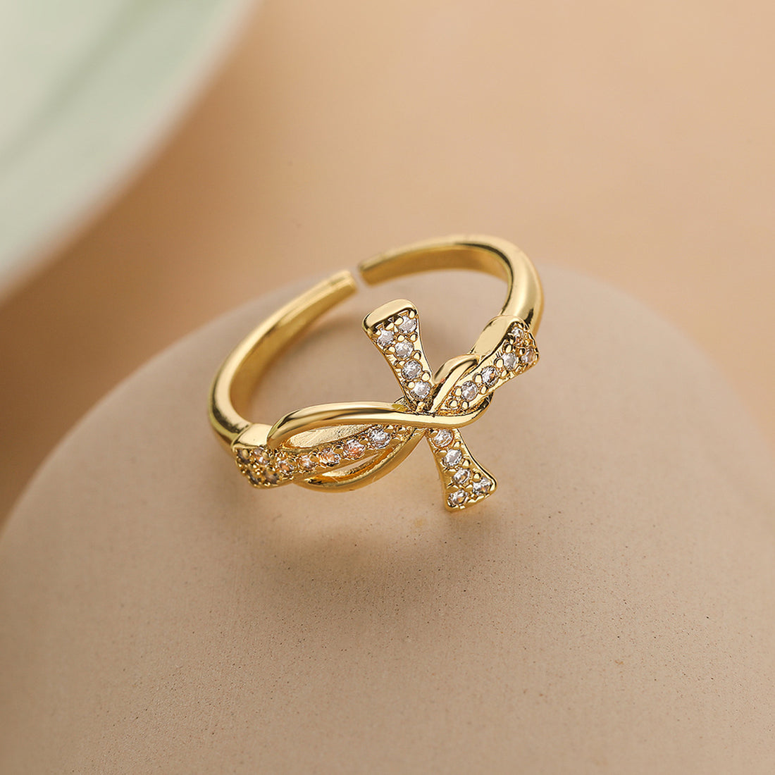 Sparkling Bow Knot Open Ring – Adjustable Design in Gold & Silver | Copper Base with CZ Stones