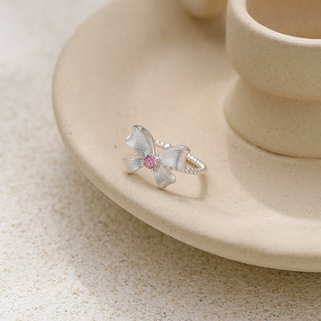 Cute Bow Knot Ring for Women, Pink Zircon Center, Adjustable 925 Sterling Silver Ring, Romantic Minimalist Jewelry Gift