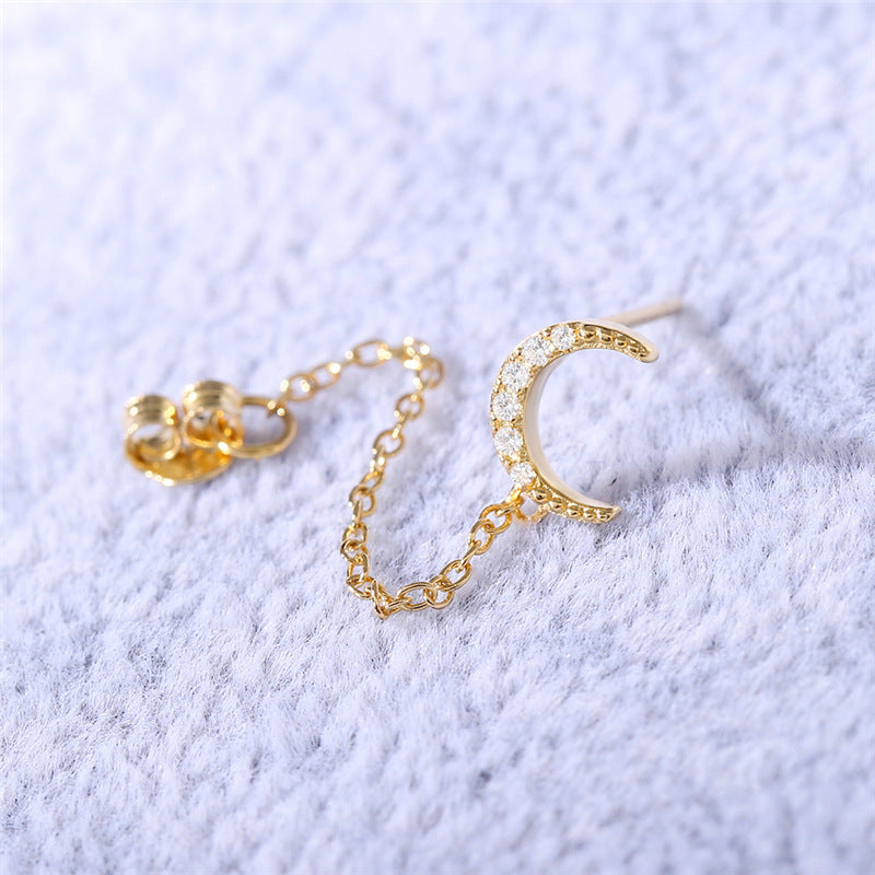 S925 Sterling Silver Dangle Chain Stud Earrings Set for Women, Asymmetrical Design with Star, Moon, Rose, Pearl, and Rainbow Zircon, Delicate Cartilage Earrings for Multiple Piercings, Minimalist Jewelry Gift for Girls and Women