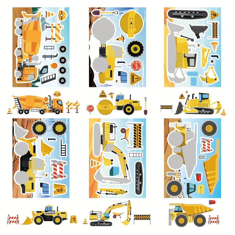 DIY construction site scene made with dump truck and crane stickers