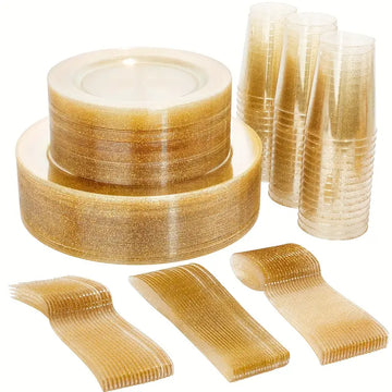 Luxury Gold Disposable Dinnerware Set - 50 Dinner Plates, 50 Dessert Plates, 50 Cups, 150 Utensils (Forks, Knives, Spoons) | Elegant Plastic Tableware for Weddings, Parties & Events