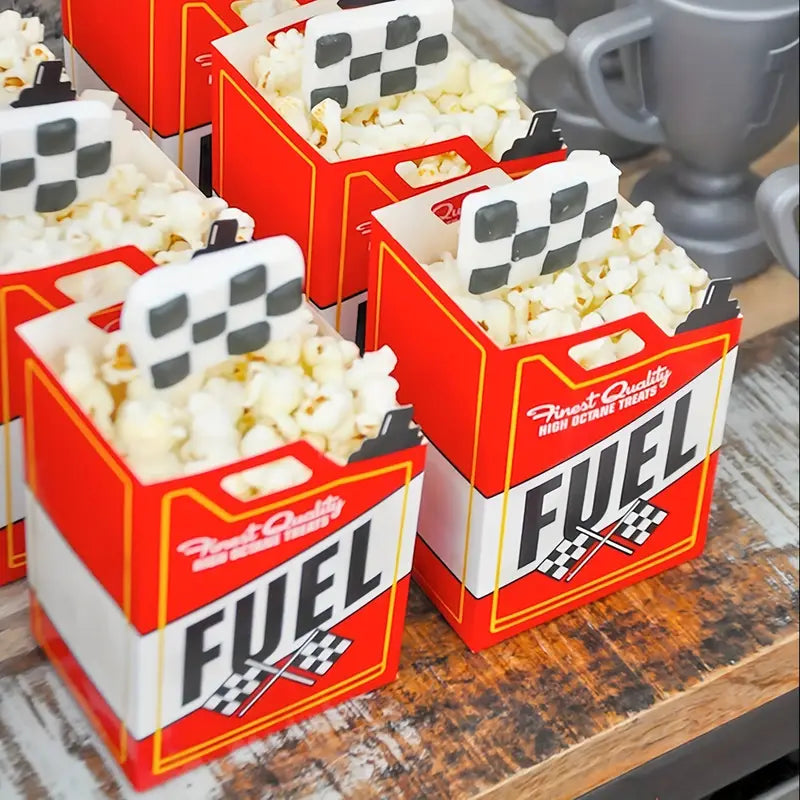 Race Car Party Favor Set – 24 Fuel Box Popcorn Containers & 24 Checkered Flags – Racing Birthday Party Decorations & Supplies