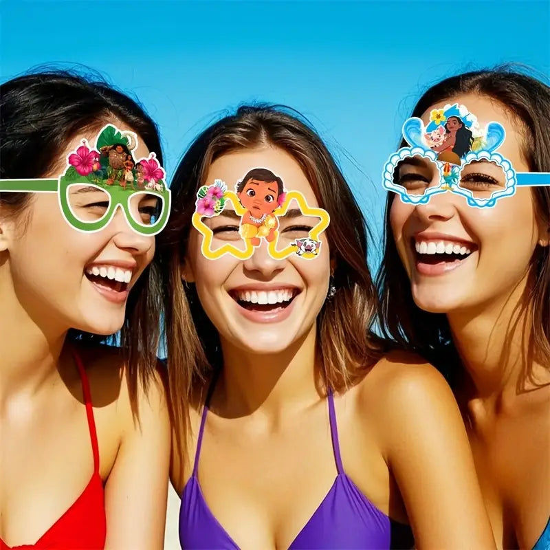 Moana-themed eyewear with vibrant tropical and ocean-inspired decorations for fun celebrations.