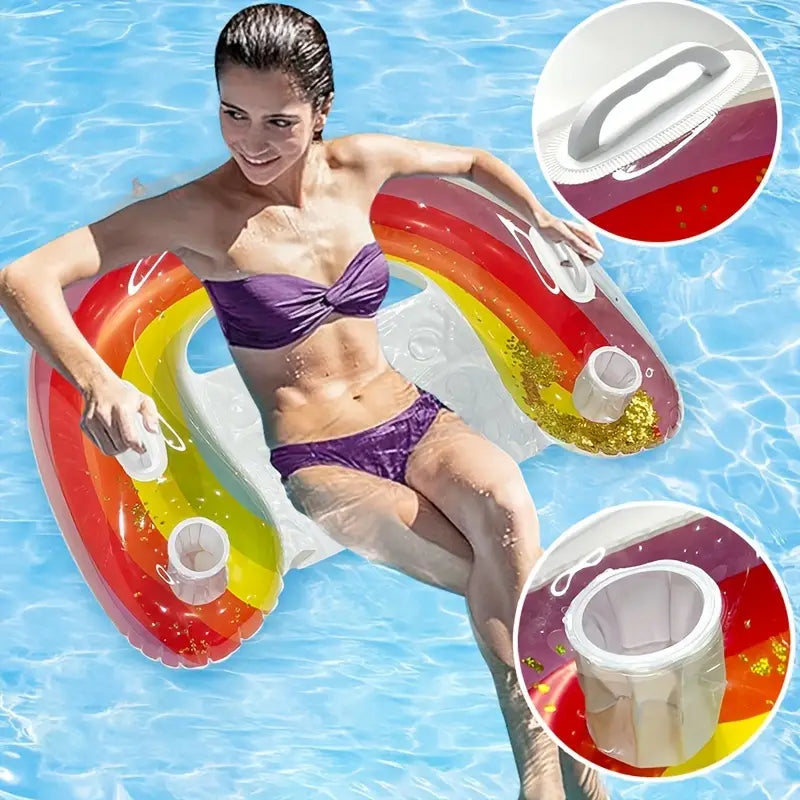 Inflatable Rainbow Pool Float with Cup Holders and Handles - Glitter Pool Lounger for Adults, Perfect Summer Water Fun