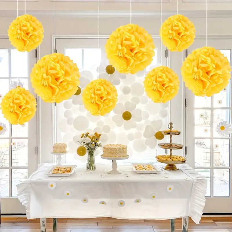 Yellow Tissue Paper Pom Poms - 9PCS Hanging Flower Balls for Party, Baby Shower, Birthday, Wedding Decorations