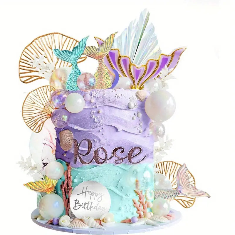 Mermaid Cake Topper Set (24 PCS) - Underwater Birthday Decorations, Includes Mermaid Tails, Shells, and Pearls for Party Cakes