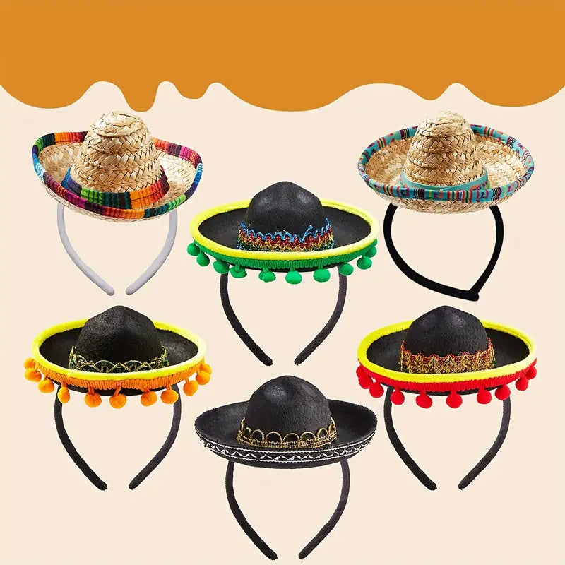 6PCS Mexican Fiesta Headband - Mini Sombrero Hat for Cinco de Mayo, Birthday, Party & Costume Accessories