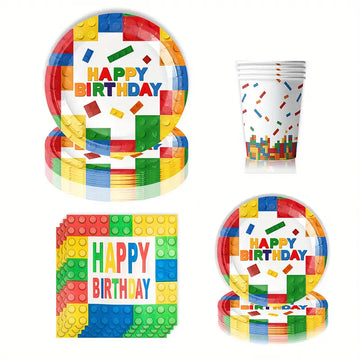 Building Blocks Birthday Party Supplies – 80 Pcs Disposable Tableware Set for Kids