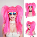 Model wearing long hot pink cosplay wig with twin ponytails and bangs