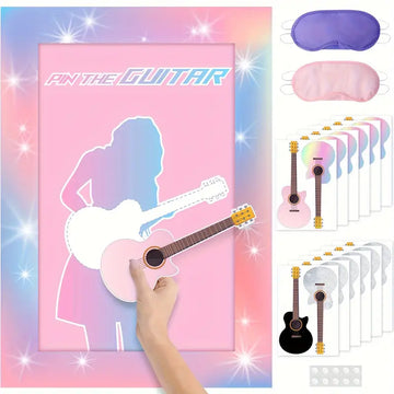 Pin The Guitar Party Game - Fun Music-Themed Party Activity for Kids & Adults | Includes Poster, Guitar Stickers, Blindfolds & Glue Dots