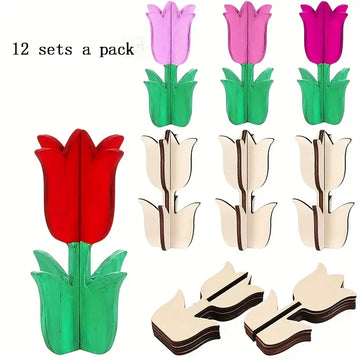 DIY Wooden Tulip Flower Kits - 12 Sets, Perfect for Crafting Parties, Decorations, and Personalized Gifts | Easy to Assemble and Paint