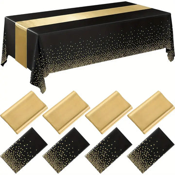 Luxury Black and Gold Tablecloth and Table Runner Set – 8-Piece Disposable Table Cover for Elegant Party Decorations, Banquet, Wedding, Birthday & Holiday Events