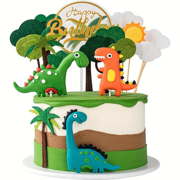 Dinosaur-Themed Cake Decorations – 3D Trees, Dinosaurs & Happy Birthday Topper