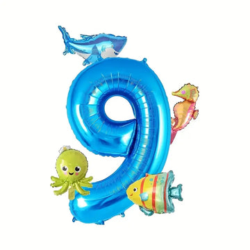 Ocean-Themed Blue Number Balloon Set - Underwater Birthday Party Decorations for Kids - Large 32” Number Balloon with Cute Sea Animal Foil Balloons