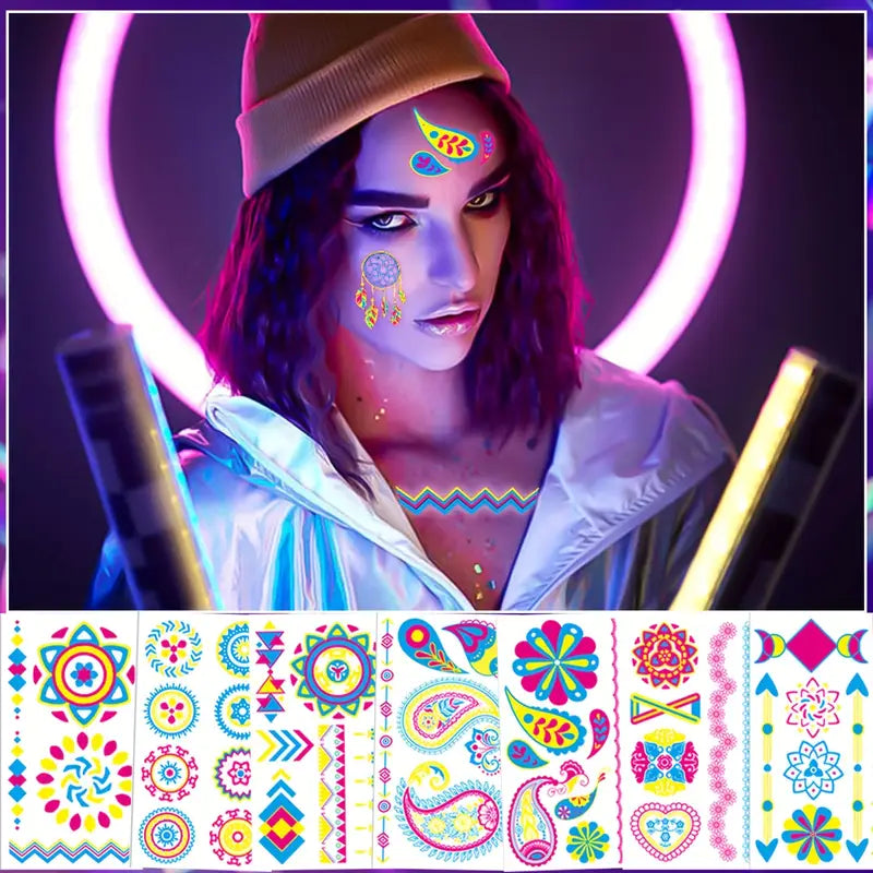 Neon Glow Temporary Tattoos – 20 Sheets UV Blacklight Body Stickers for Parties, Festivals, and Clubbing