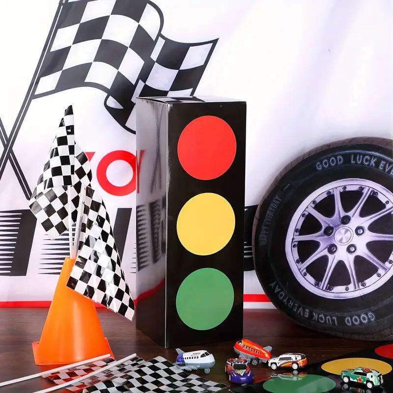 Large racing traffic light decorations on black and white table