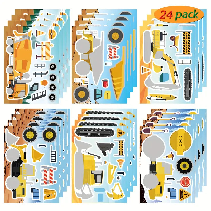 24 pack of construction truck stickers showing multiple designs in sets of four