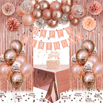 Rose Gold Birthday Party Decoration Set – Balloons, Banner, Tablecloth & More | Elegant Birthday Décor for Women & Girls