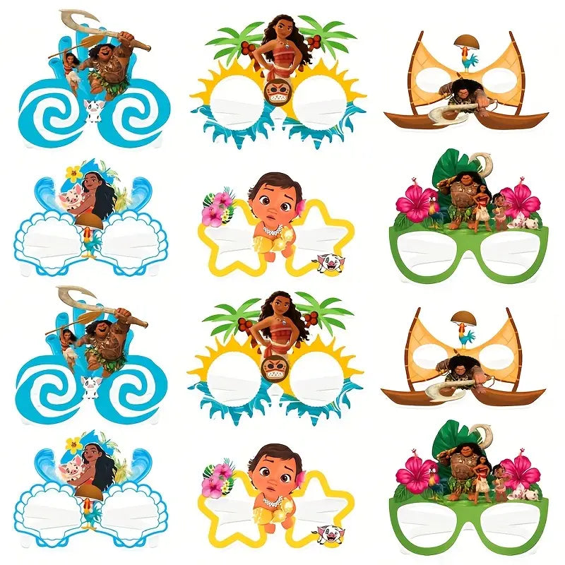 Moana-themed party glasses set of 12 featuring different tropical and ocean-themed designs.